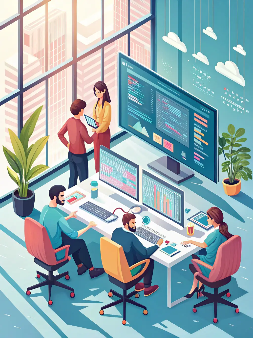 A team of developers working on a secure web application, emphasizing GoSoft's focus on secure web application development.